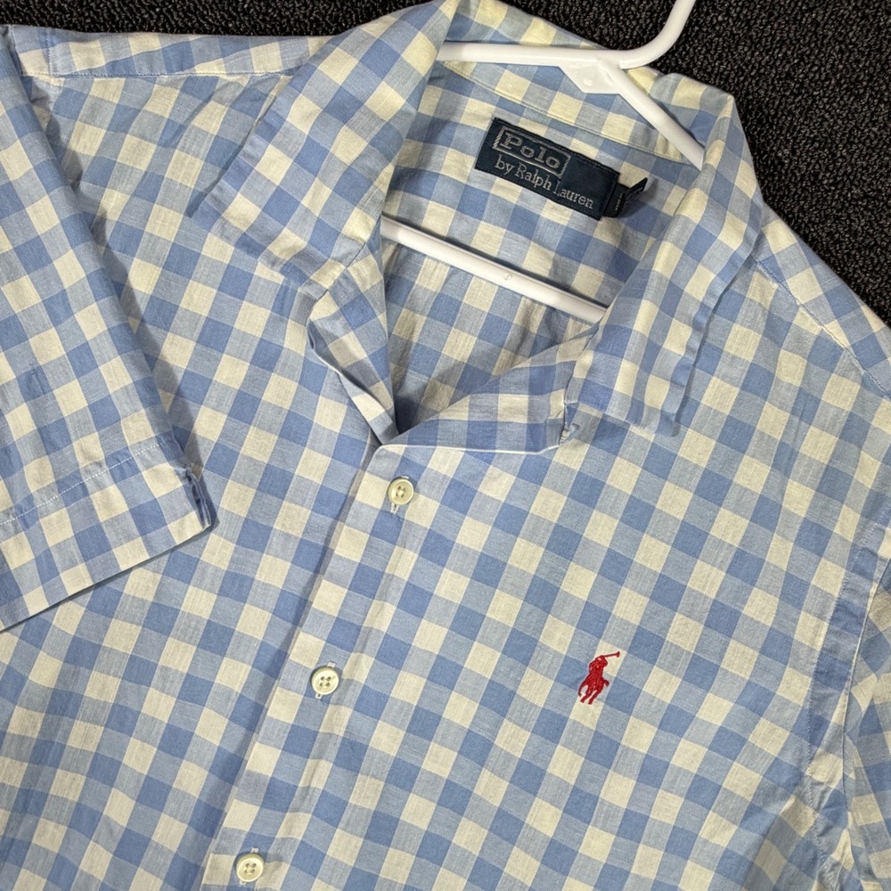 Vintage Polo Ralph Lauren Camp Loop Collar Shirt Men M Blue Gingham Short Sleeve